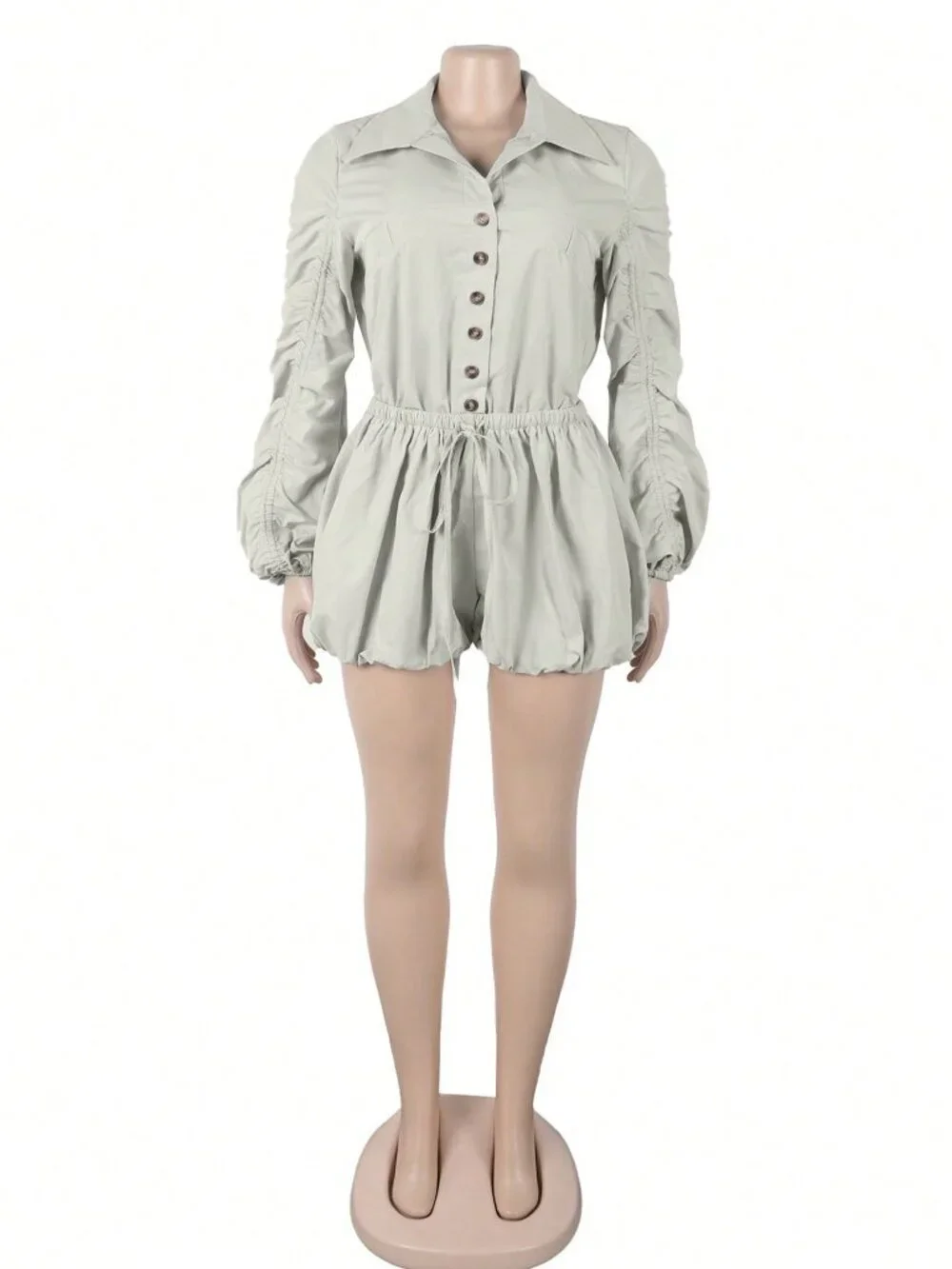 Light Grey Party Women's Button Ruched Long Sleeve Drawstring Playsuit